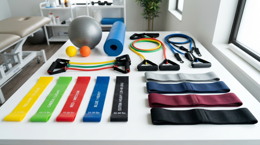 Organized collection of colorful resistance bands and elasti
