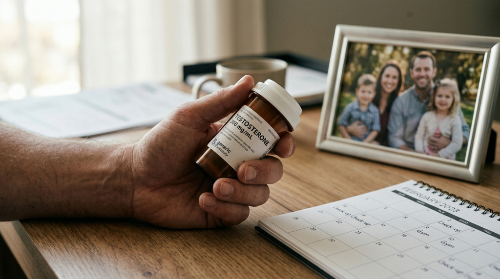 Close-up of a male hand holding a medication bottle with tes
