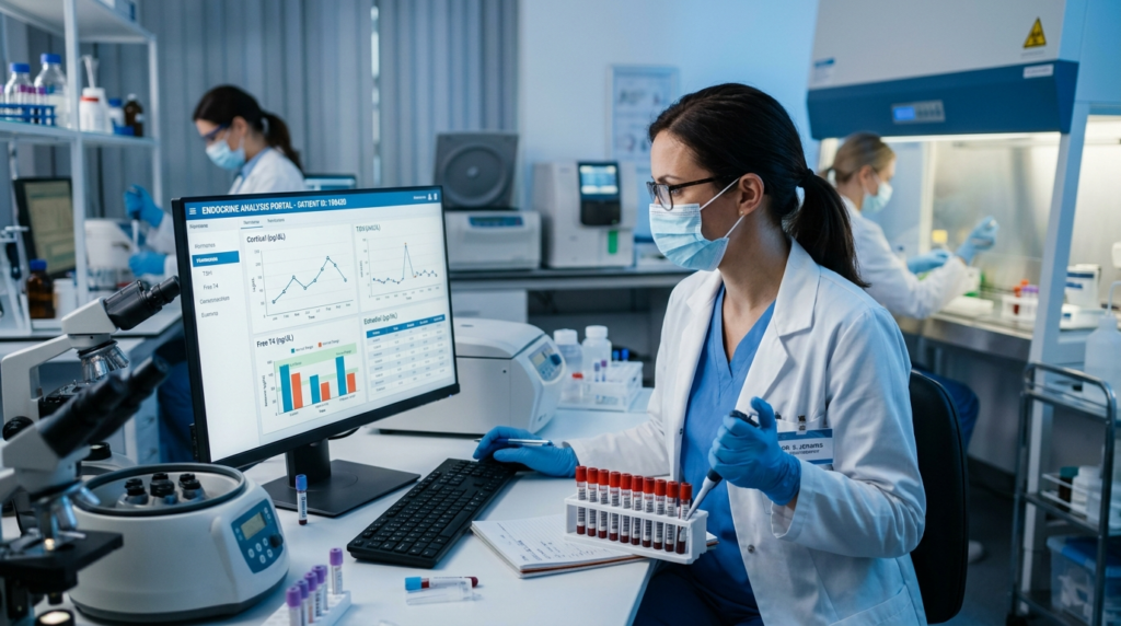 Scientific laboratory scene: Healthcare professional in ster